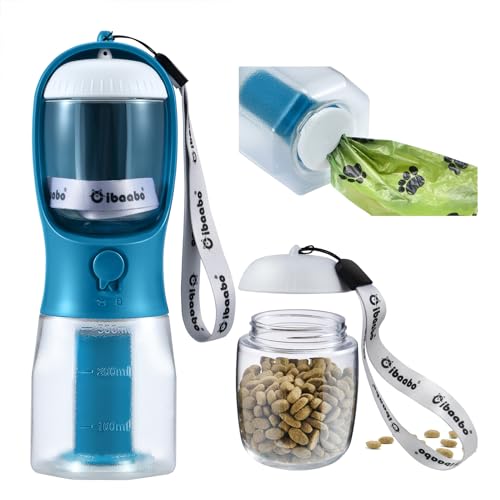 Dog Water Bottle with Food Container & Poop Bag Holder, Travel Water Bowl, Portable Pet Dispenser, Dog Stuff Accessories Items, Puppy Essentials Necessities for Yorkie Chihuahua Walking Hiking