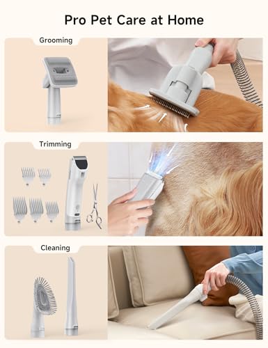Hicozy S1+ Dog Grooming Vacuum, 12000Pa Minimum 50dB Quiet Dog Vacuum for Shedding Grooming with 2L Dust Cup, 6 Professional Dog Grooming Kit for Dogs Cats, Gray