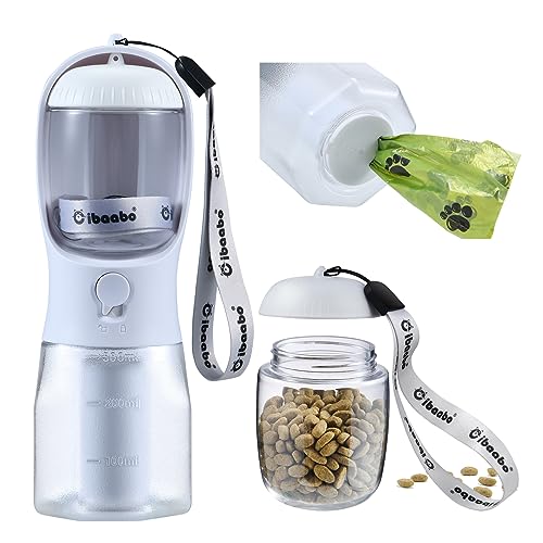 Dog Water Bottle with Food Container & Poop Bag Holder, Travel Water Bowl, Portable Pet Dispenser, Dog Stuff Accessories Items, Puppy Essentials Necessities for Yorkie Chihuahua Walking Hiking