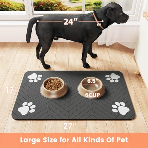 Pet Feeding Mat-Absorbent Pet Placemat for Food and Water Bowl, with Waterproof Rubber Backing, Quick Dry Water Dispenser Mat for Dog and Cat (12"x20", Striped Dark Gray)