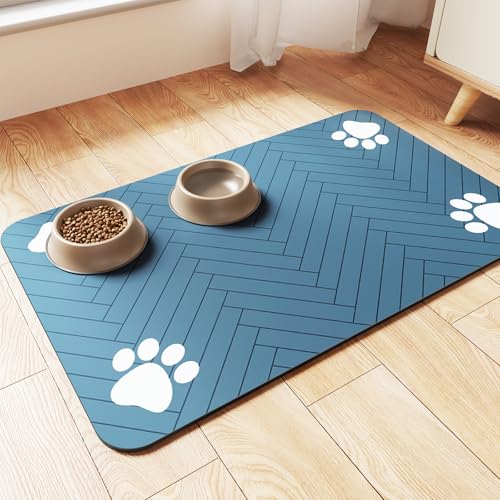 Pet Feeding Mat-Absorbent Pet Placemat for Food and Water Bowl, with Waterproof Rubber Backing, Quick Dry Water Dispenser Mat for Dog and Cat (12"x20", Striped Dark Gray)