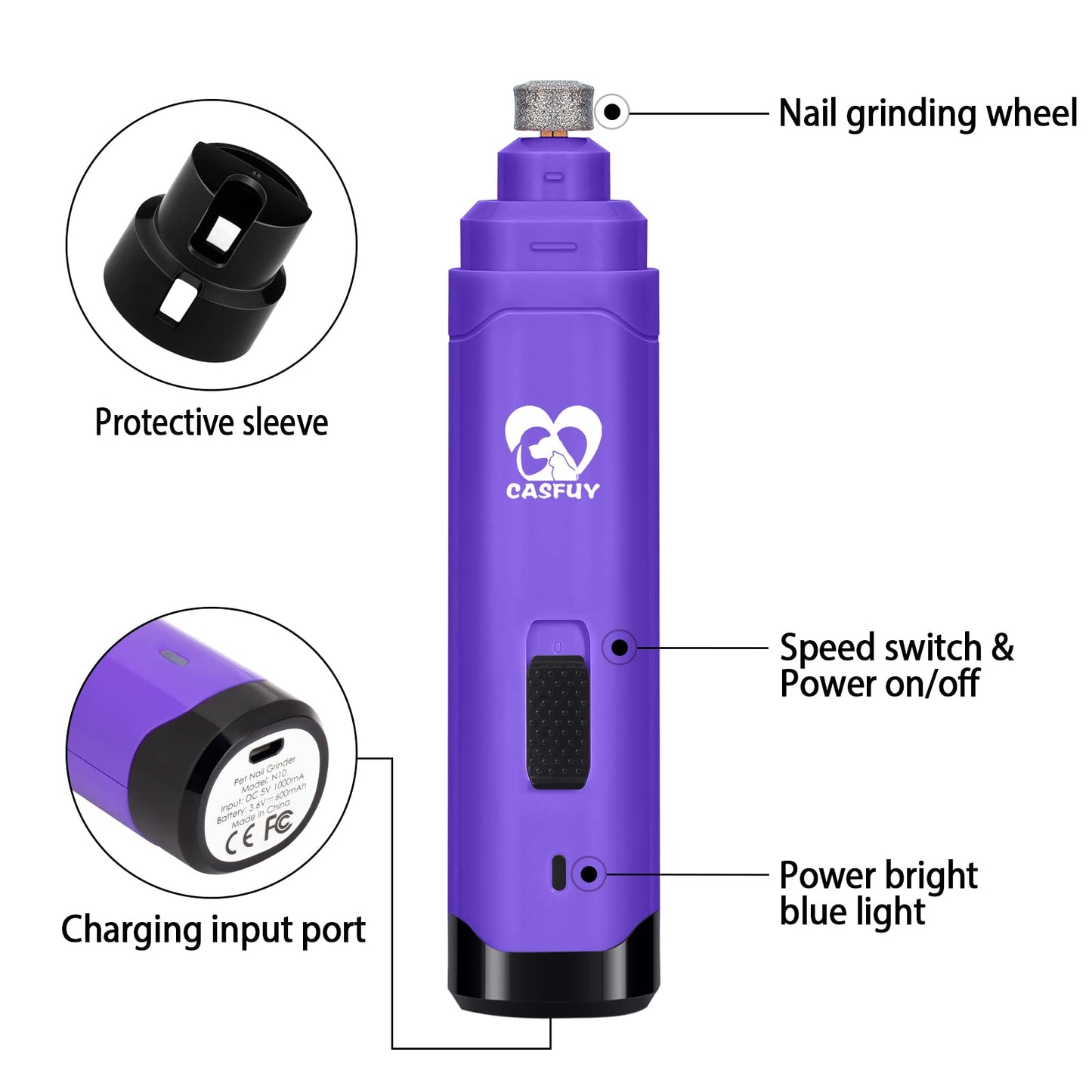 Casfuy Dog Nail Grinder Upgraded - Professional 2-Speed Electric Rechargeable Pet Nail Trimmer Painless Paws Grooming & Smoothing for Small Medium Large Dogs & Cats (Dark Blue)