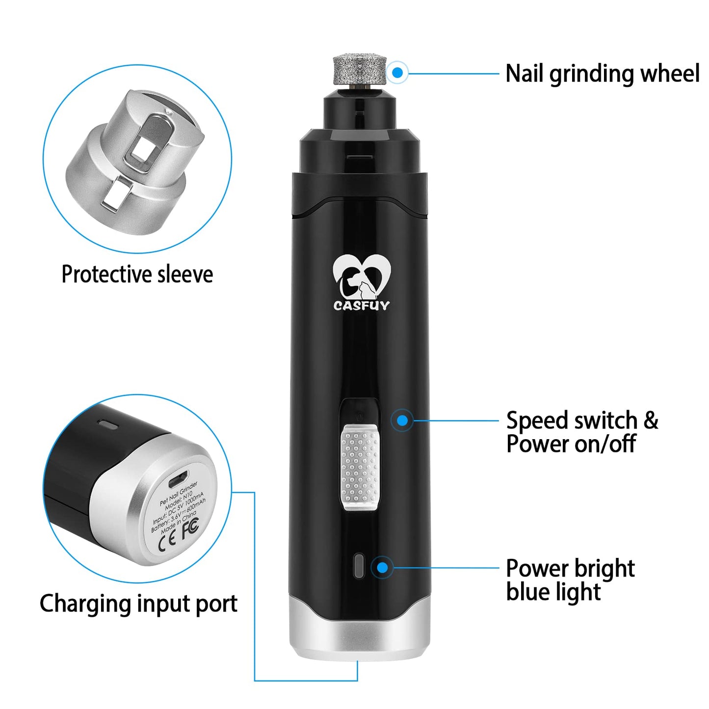 Casfuy Dog Nail Grinder Upgraded - Professional 2-Speed Electric Rechargeable Pet Nail Trimmer Painless Paws Grooming & Smoothing for Small Medium Large Dogs & Cats (Dark Blue)