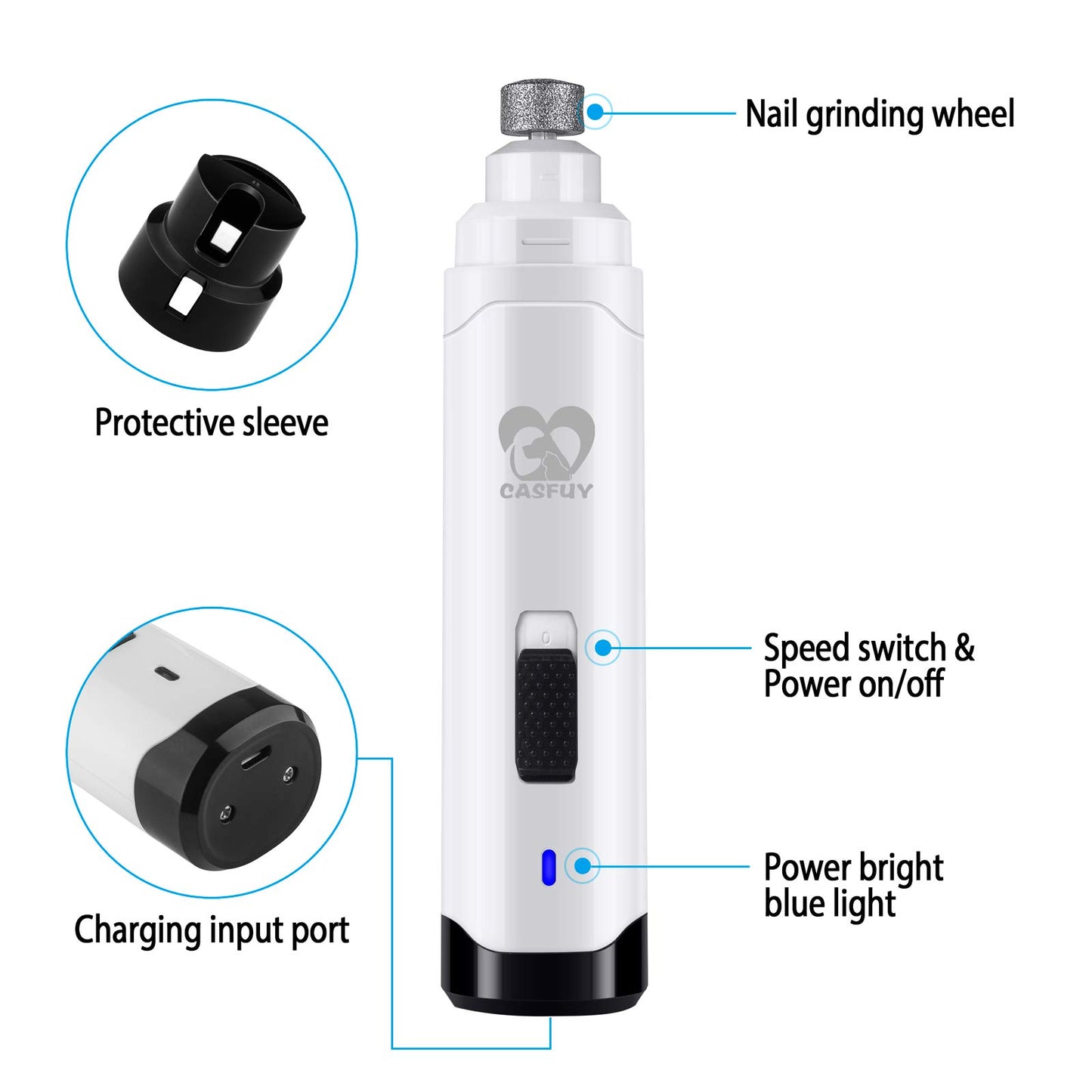 Casfuy Dog Nail Grinder Upgraded - Professional 2-Speed Electric Rechargeable Pet Nail Trimmer Painless Paws Grooming & Smoothing for Small Medium Large Dogs & Cats (Dark Blue)