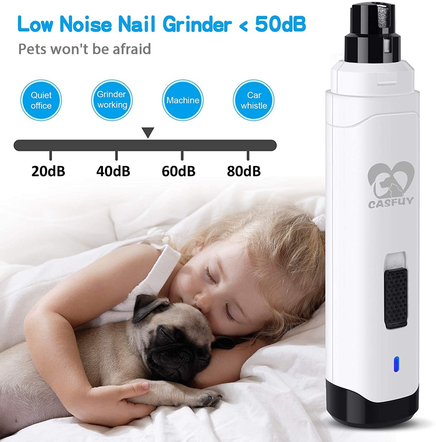 Casfuy Dog Nail Grinder Upgraded - Professional 2-Speed Electric Rechargeable Pet Nail Trimmer Painless Paws Grooming & Smoothing for Small Medium Large Dogs & Cats (Dark Blue)