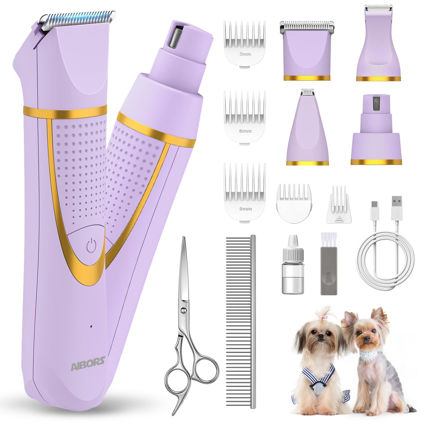 Small Dog Grooming Kit, 4 in 1 Electric Cordless Dog Paw Trimmer with Nail Grinder, Low Noise Dog Nail Trimmers, IPX7 Waterproof Small Dog Grooming Clippers for Paws, Ears, Face, Hip Hairl