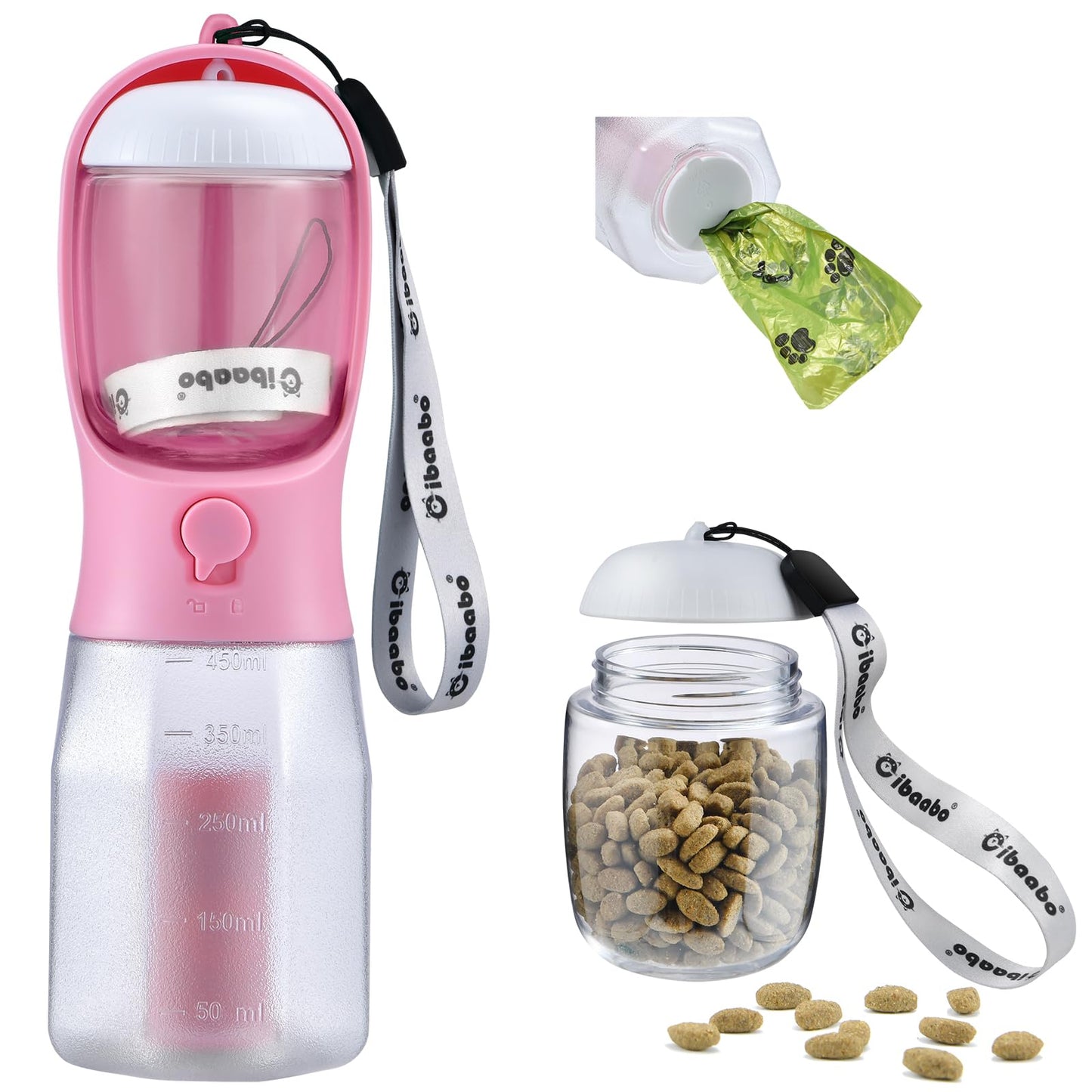 Dog Water Bottle with Food Container & Poop Bag Holder, Travel Water Bowl, Portable Pet Dispenser, Dog Stuff Accessories Items, Puppy Essentials Necessities for Yorkie Chihuahua Walking Hiking