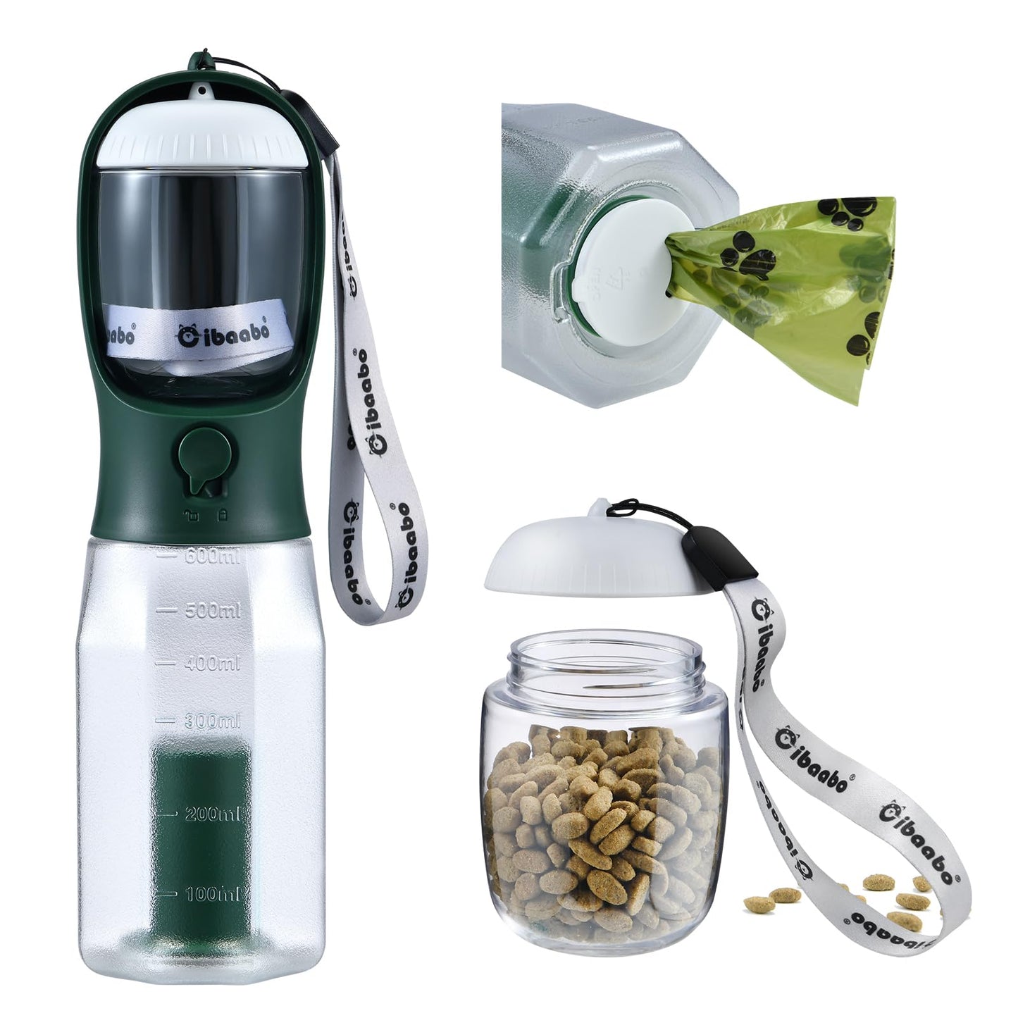 Dog Water Bottle with Food Container & Poop Bag Holder, Travel Water Bowl, Portable Pet Dispenser, Dog Stuff Accessories Items, Puppy Essentials Necessities for Yorkie Chihuahua Walking Hiking