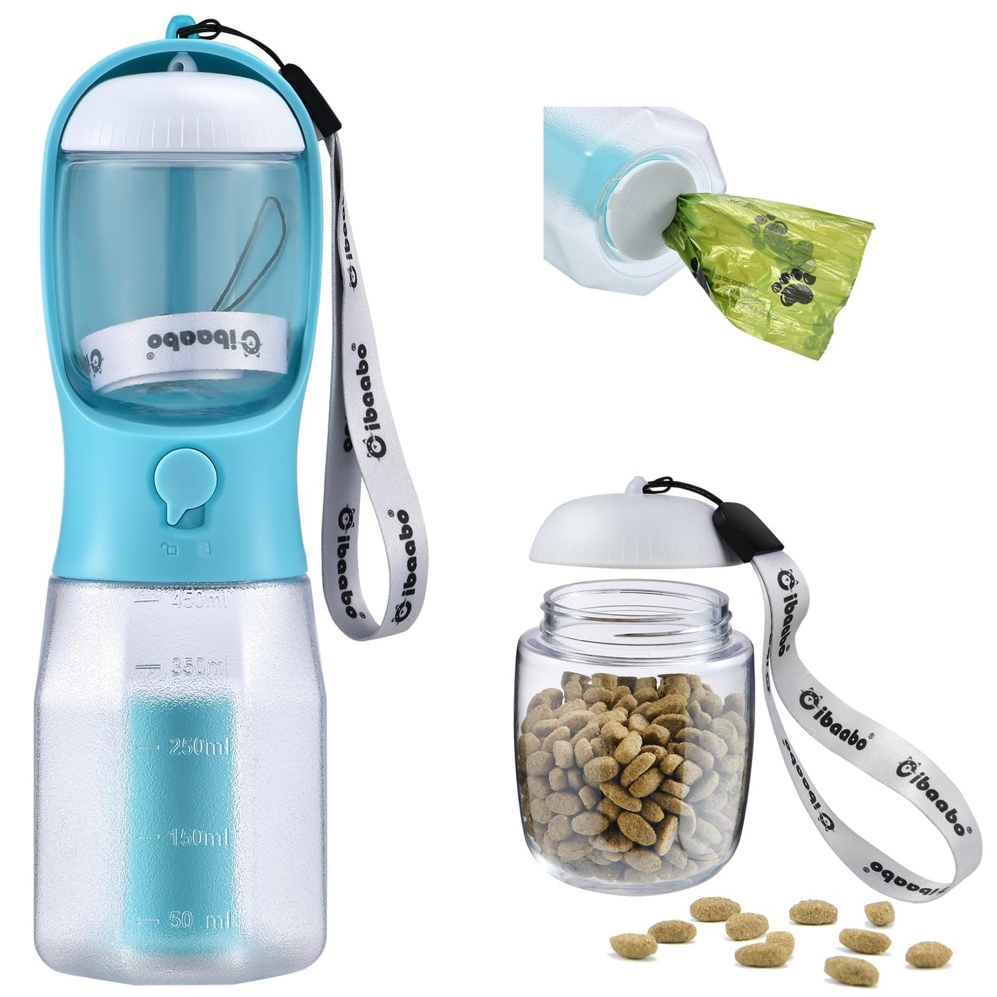 Dog Water Bottle with Food Container & Poop Bag Holder, Travel Water Bowl, Portable Pet Dispenser, Dog Stuff Accessories Items, Puppy Essentials Necessities for Yorkie Chihuahua Walking Hiking