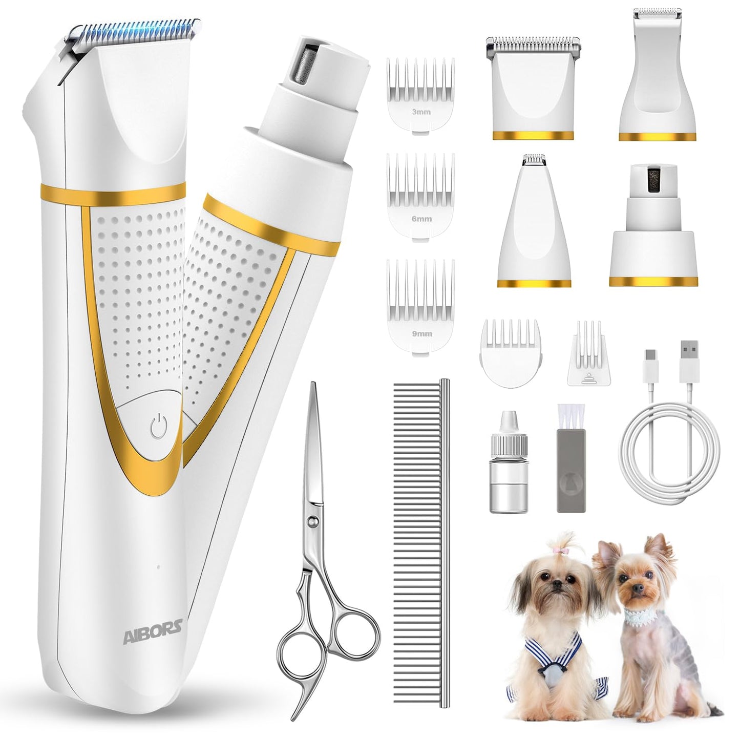 Small Dog Grooming Kit, 4 in 1 Electric Cordless Dog Paw Trimmer with Nail Grinder, Low Noise Dog Nail Trimmers, IPX7 Waterproof Small Dog Grooming Clippers for Paws, Ears, Face, Hip Hairl