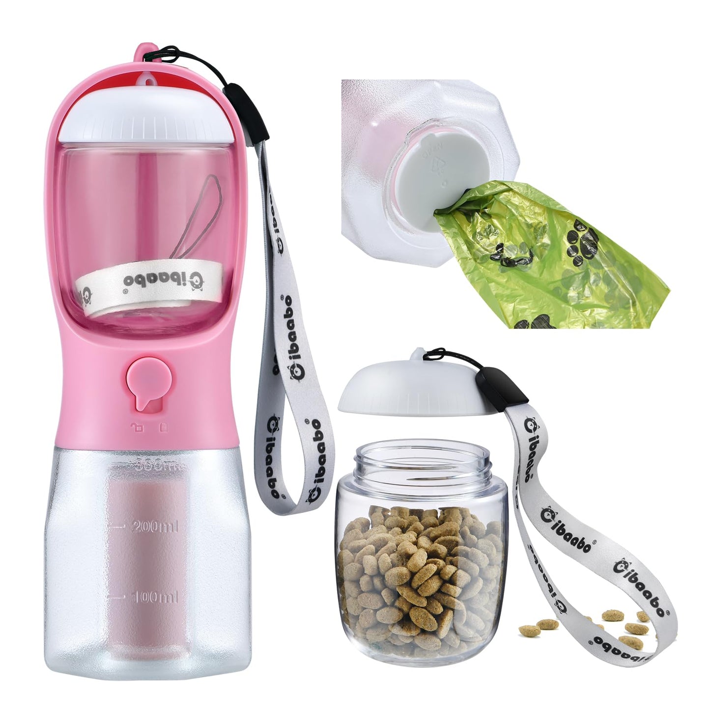 Dog Water Bottle with Food Container & Poop Bag Holder, Travel Water Bowl, Portable Pet Dispenser, Dog Stuff Accessories Items, Puppy Essentials Necessities for Yorkie Chihuahua Walking Hiking