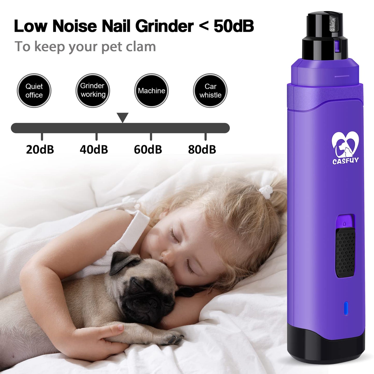 Casfuy Dog Nail Grinder Upgraded - Professional 2-Speed Electric Rechargeable Pet Nail Trimmer Painless Paws Grooming & Smoothing for Small Medium Large Dogs & Cats (Dark Blue)