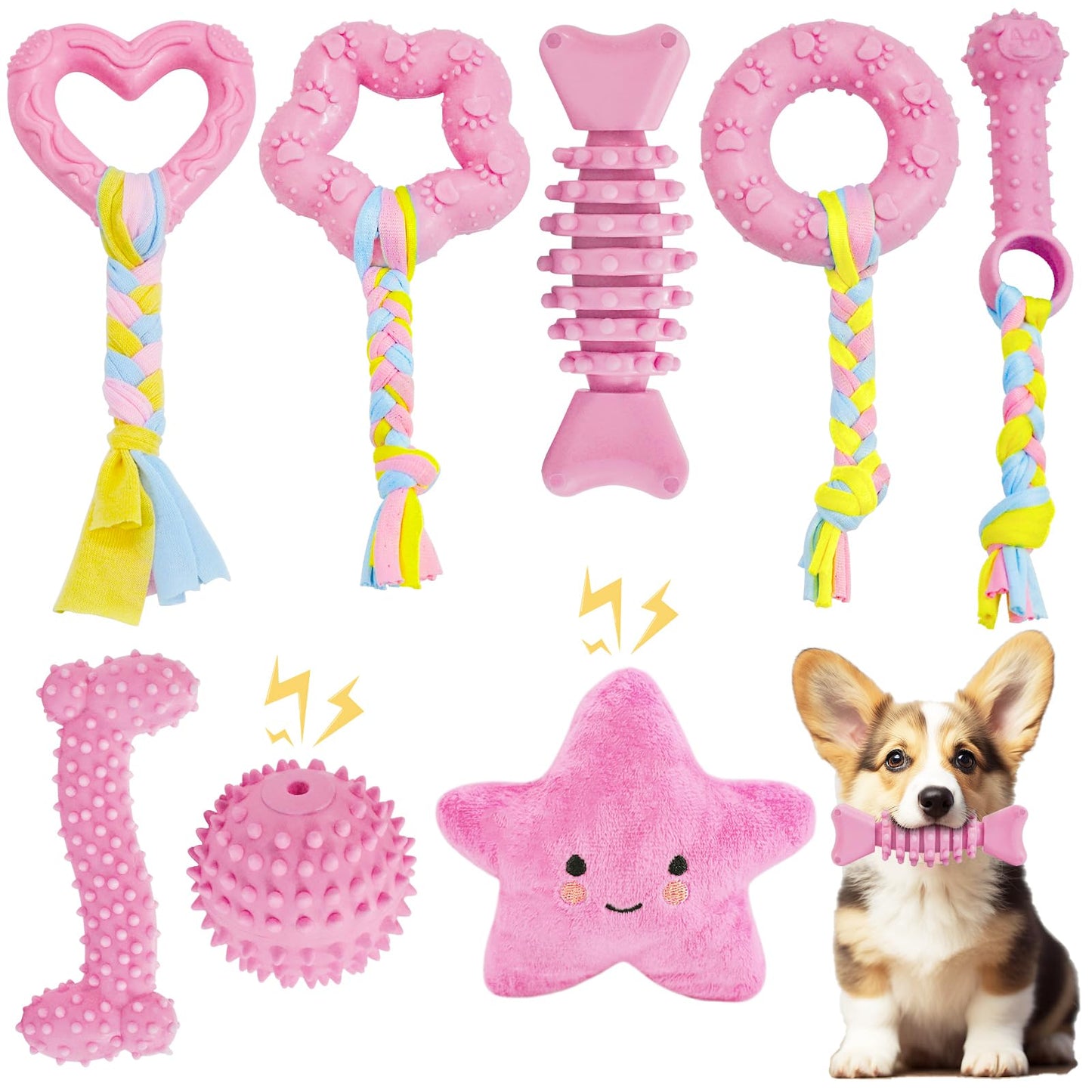 20Pcs Puppy Chew Toys for Teething, Dog Chew Toys with Rope Toys, Pet Dog Toothbrush, Treat Balls, Dog Plush Toys and Squeaky Toys for Small Medium Dogs, Cute Dog Toy with Basket
