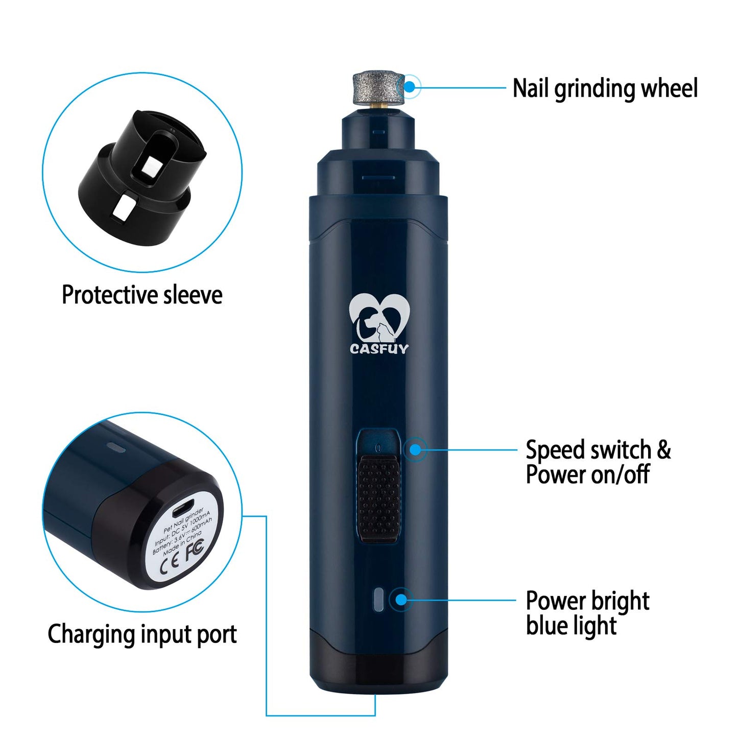 Casfuy Dog Nail Grinder Upgraded - Professional 2-Speed Electric Rechargeable Pet Nail Trimmer Painless Paws Grooming & Smoothing for Small Medium Large Dogs & Cats (Dark Blue)