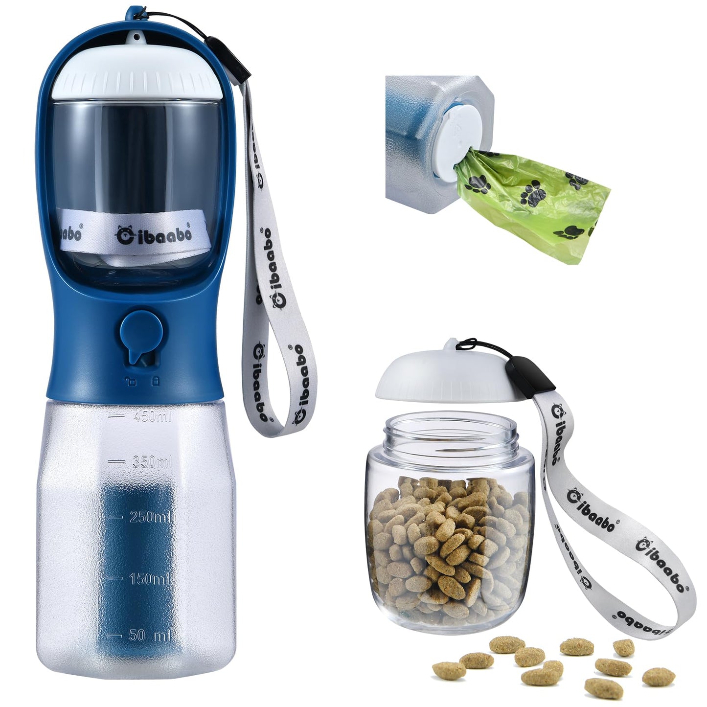 Dog Water Bottle with Food Container & Poop Bag Holder, Travel Water Bowl, Portable Pet Dispenser, Dog Stuff Accessories Items, Puppy Essentials Necessities for Yorkie Chihuahua Walking Hiking