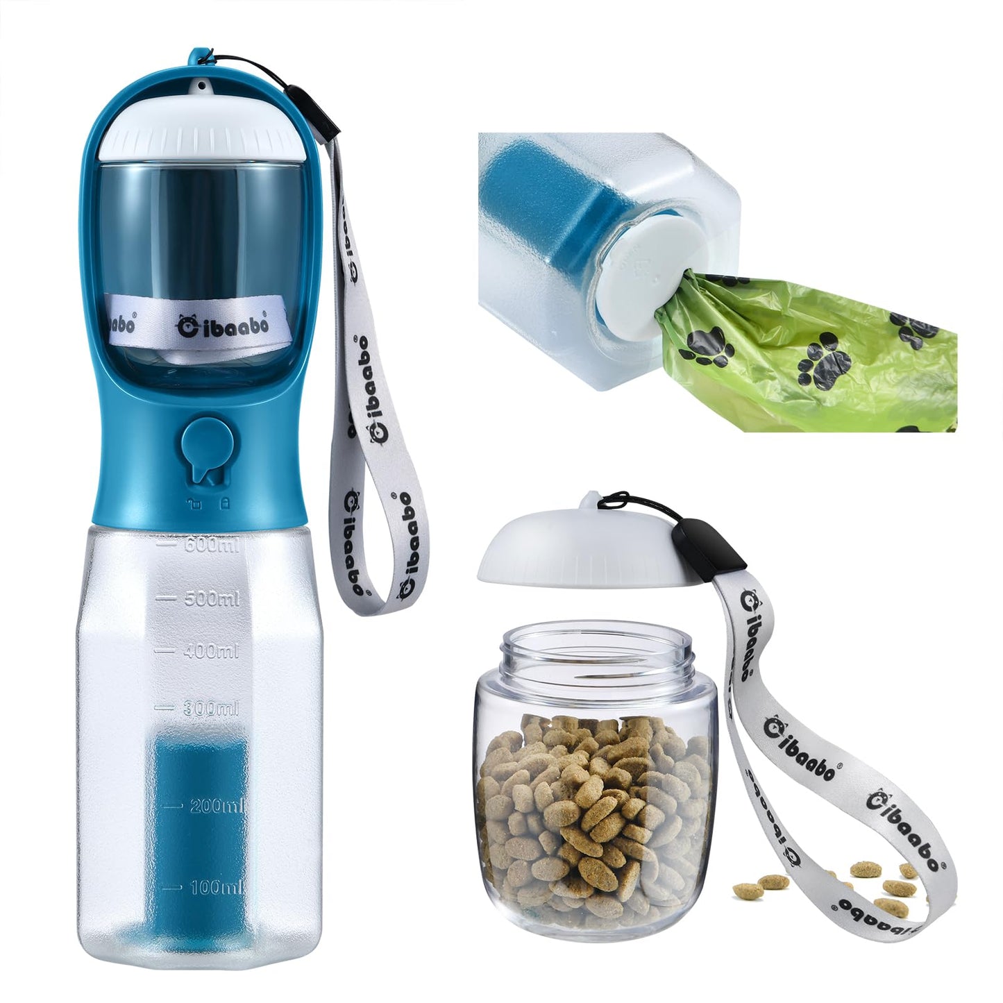 Dog Water Bottle with Food Container & Poop Bag Holder, Travel Water Bowl, Portable Pet Dispenser, Dog Stuff Accessories Items, Puppy Essentials Necessities for Yorkie Chihuahua Walking Hiking
