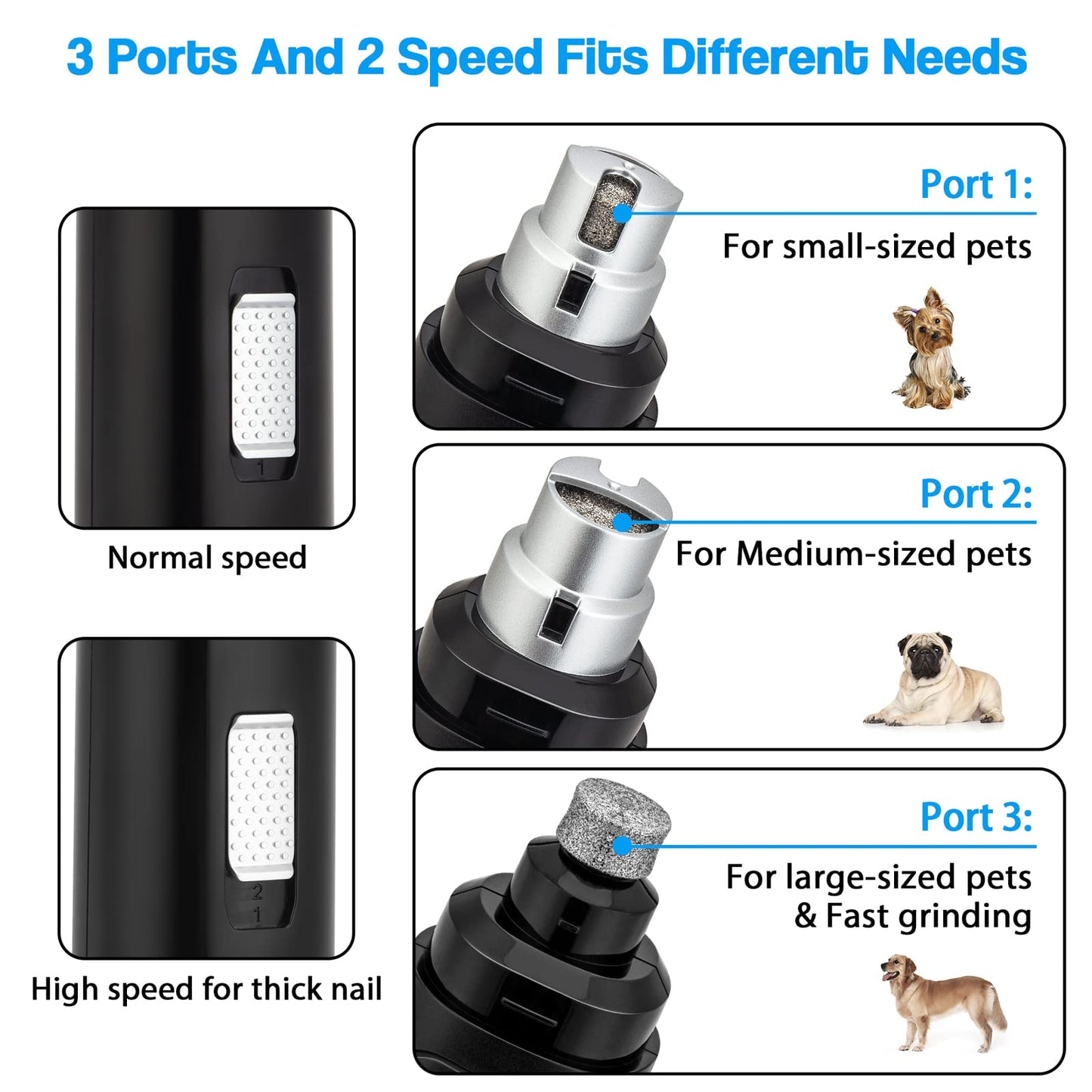 Casfuy Dog Nail Grinder Upgraded - Professional 2-Speed Electric Rechargeable Pet Nail Trimmer Painless Paws Grooming & Smoothing for Small Medium Large Dogs & Cats (Dark Blue)
