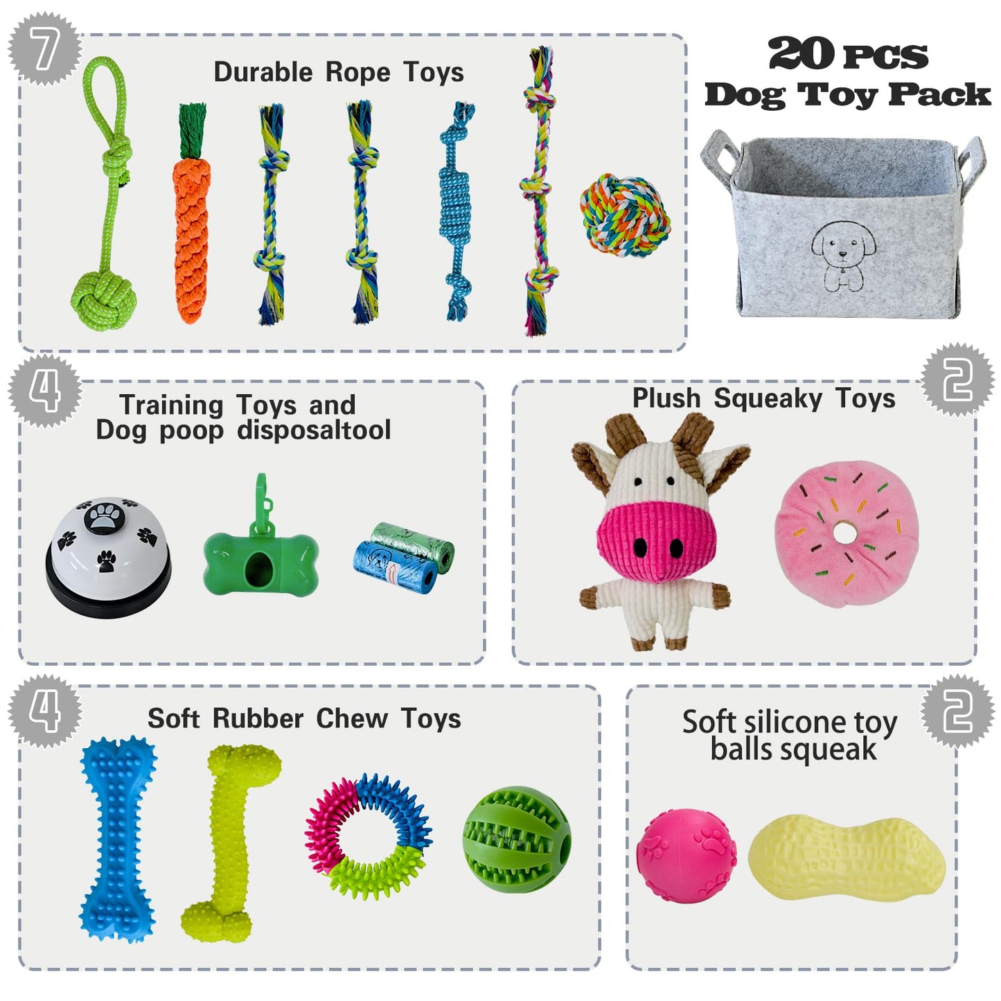20Pcs Puppy Chew Toys for Teething, Dog Chew Toys with Rope Toys, Pet Dog Toothbrush, Treat Balls, Dog Plush Toys and Squeaky Toys for Small Medium Dogs, Cute Dog Toy with Basket