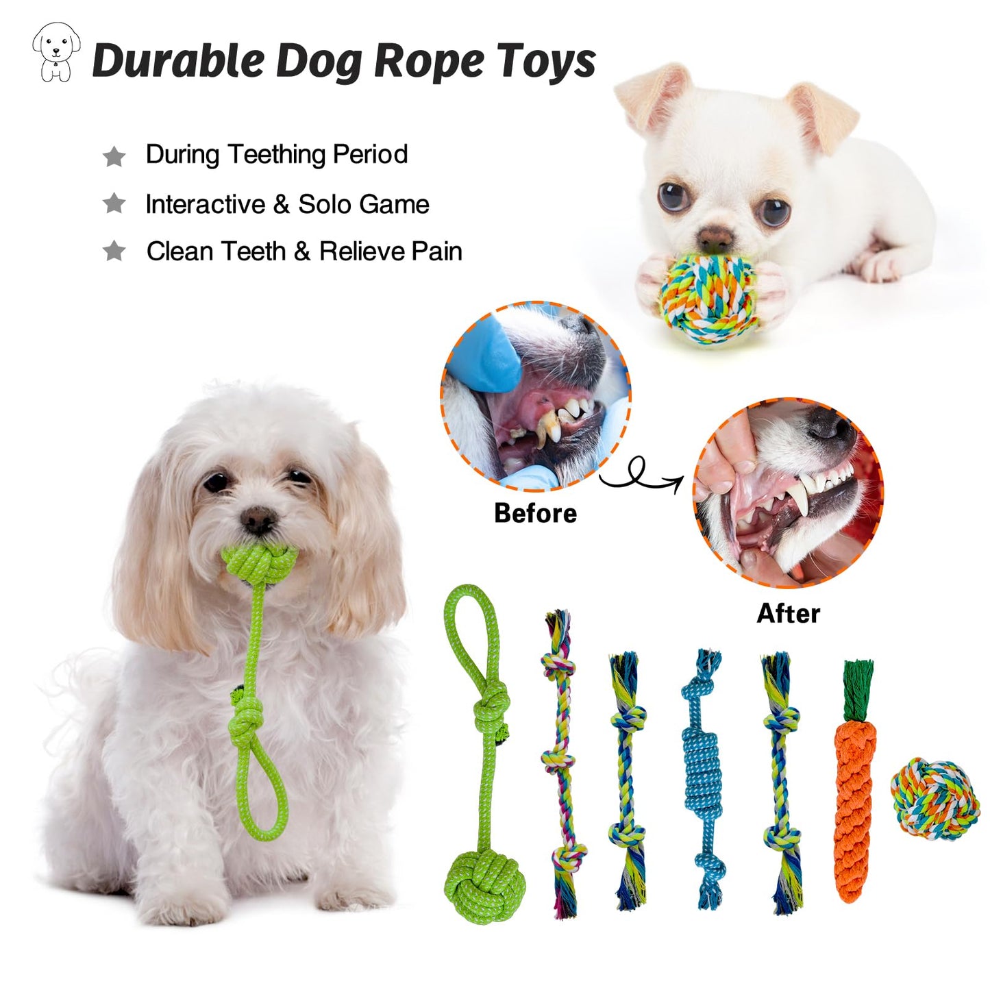 20Pcs Puppy Chew Toys for Teething, Dog Chew Toys with Rope Toys, Pet Dog Toothbrush, Treat Balls, Dog Plush Toys and Squeaky Toys for Small Medium Dogs, Cute Dog Toy with Basket