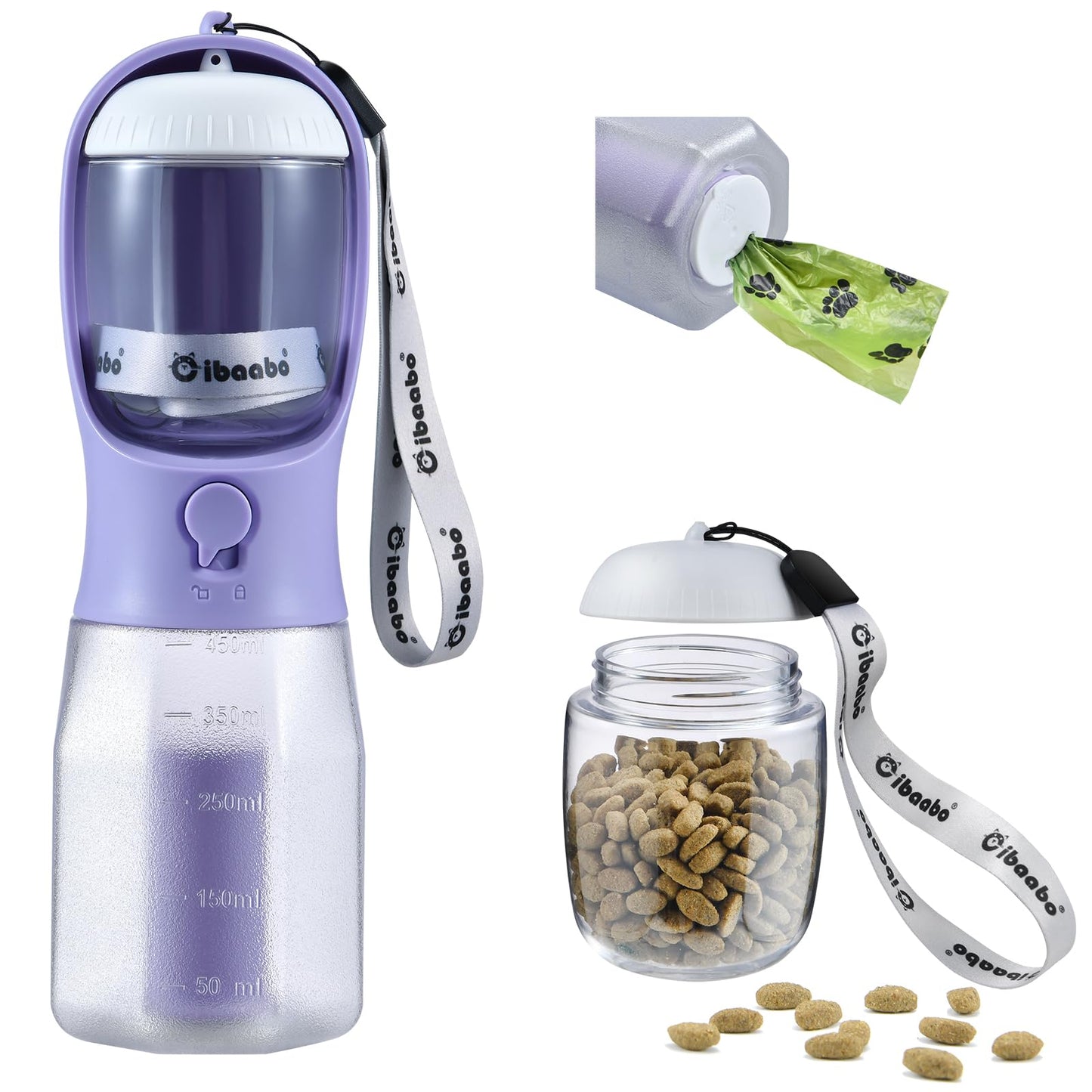 Dog Water Bottle with Food Container & Poop Bag Holder, Travel Water Bowl, Portable Pet Dispenser, Dog Stuff Accessories Items, Puppy Essentials Necessities for Yorkie Chihuahua Walking Hiking