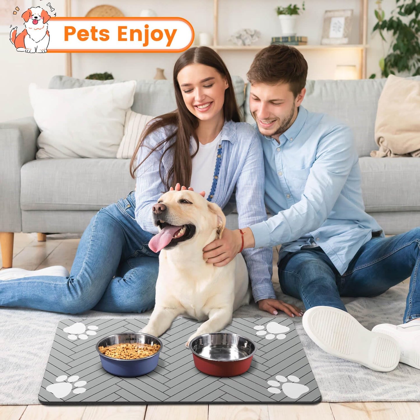 Pet Feeding Mat-Absorbent Pet Placemat for Food and Water Bowl, with Waterproof Rubber Backing, Quick Dry Water Dispenser Mat for Dog and Cat (12"x20", Striped Dark Gray)