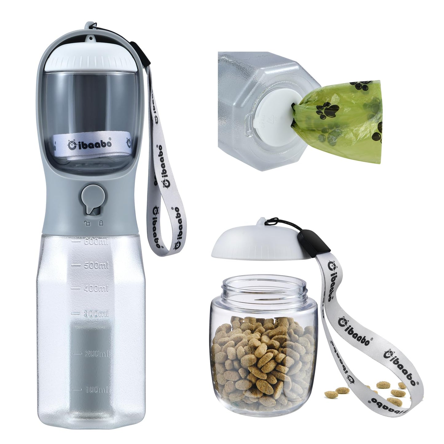 Dog Water Bottle with Food Container & Poop Bag Holder, Travel Water Bowl, Portable Pet Dispenser, Dog Stuff Accessories Items, Puppy Essentials Necessities for Yorkie Chihuahua Walking Hiking