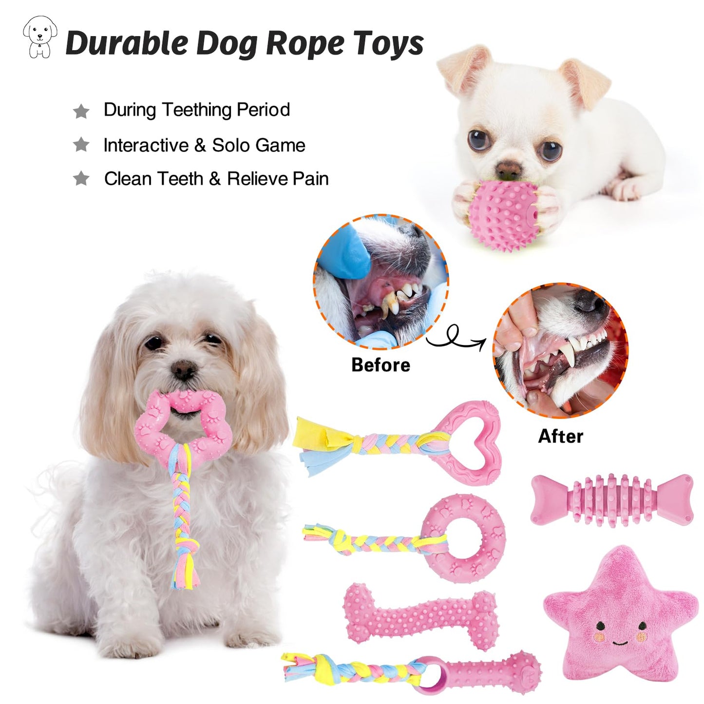 20Pcs Puppy Chew Toys for Teething, Dog Chew Toys with Rope Toys, Pet Dog Toothbrush, Treat Balls, Dog Plush Toys and Squeaky Toys for Small Medium Dogs, Cute Dog Toy with Basket