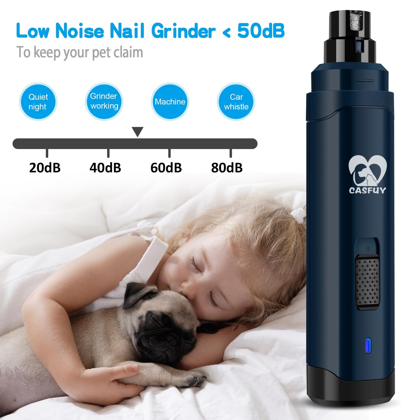 Casfuy Dog Nail Grinder Upgraded - Professional 2-Speed Electric Rechargeable Pet Nail Trimmer Painless Paws Grooming & Smoothing for Small Medium Large Dogs & Cats (Dark Blue)