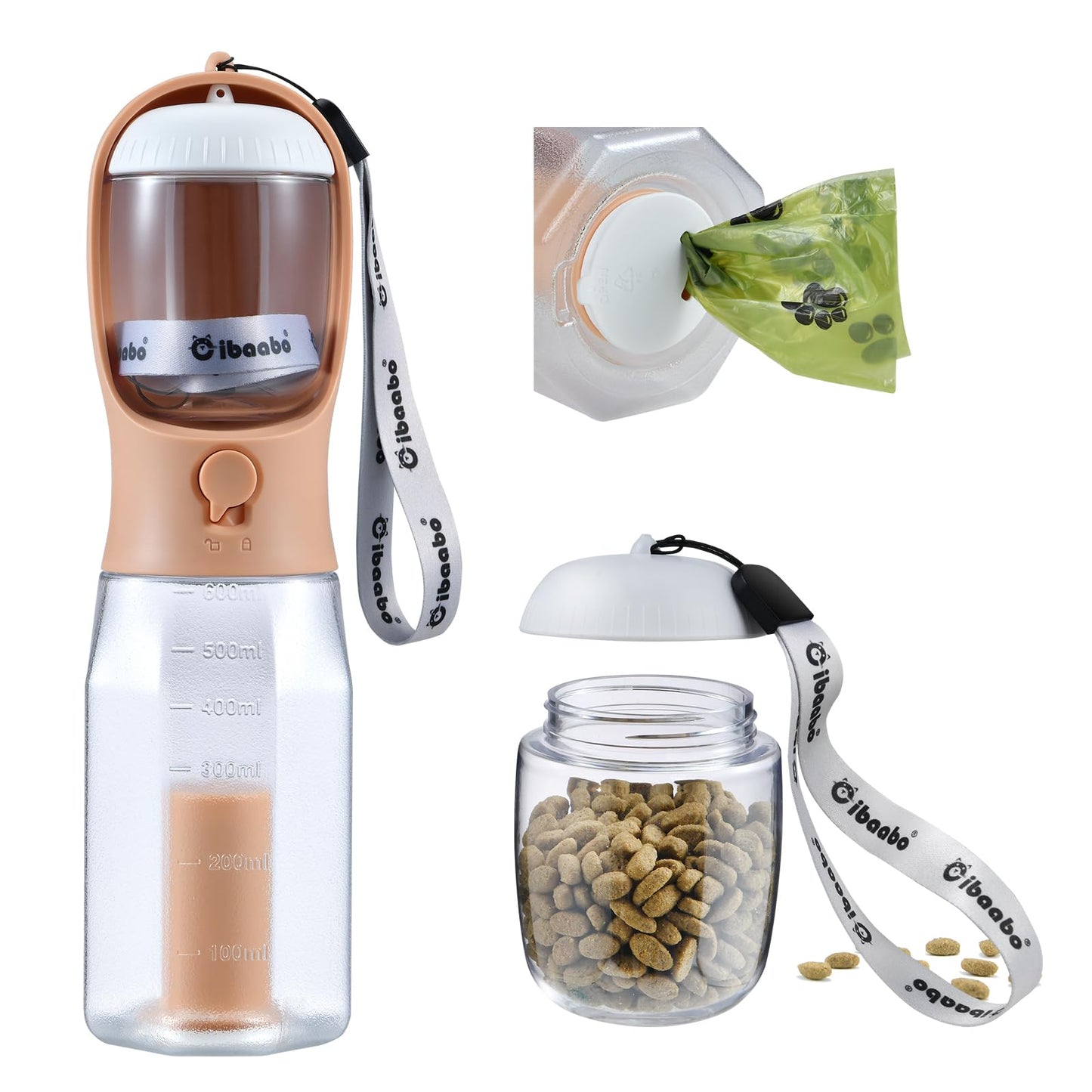 Dog Water Bottle with Food Container & Poop Bag Holder, Travel Water Bowl, Portable Pet Dispenser, Dog Stuff Accessories Items, Puppy Essentials Necessities for Yorkie Chihuahua Walking Hiking