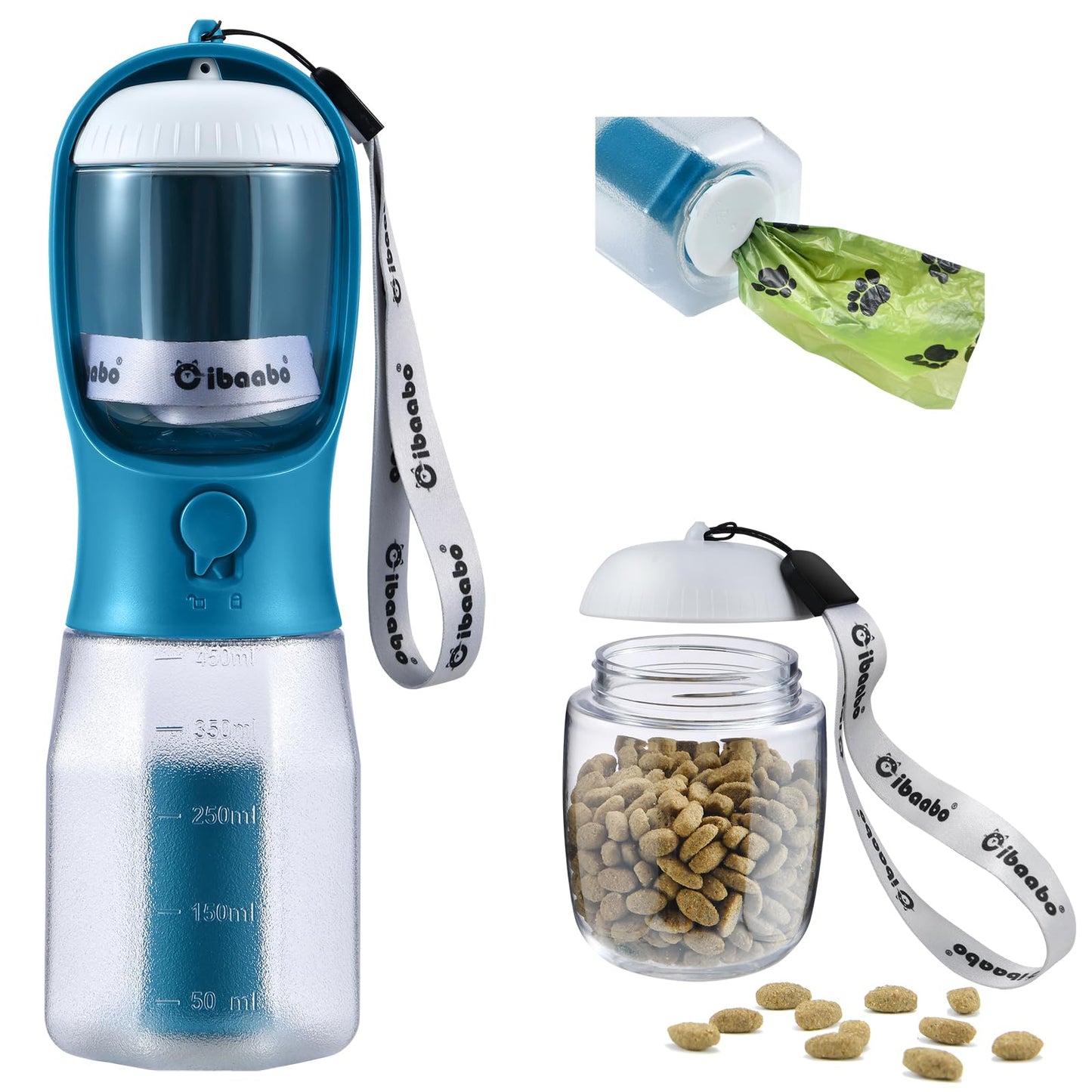 Dog Water Bottle with Food Container & Poop Bag Holder, Travel Water Bowl, Portable Pet Dispenser, Dog Stuff Accessories Items, Puppy Essentials Necessities for Yorkie Chihuahua Walking Hiking