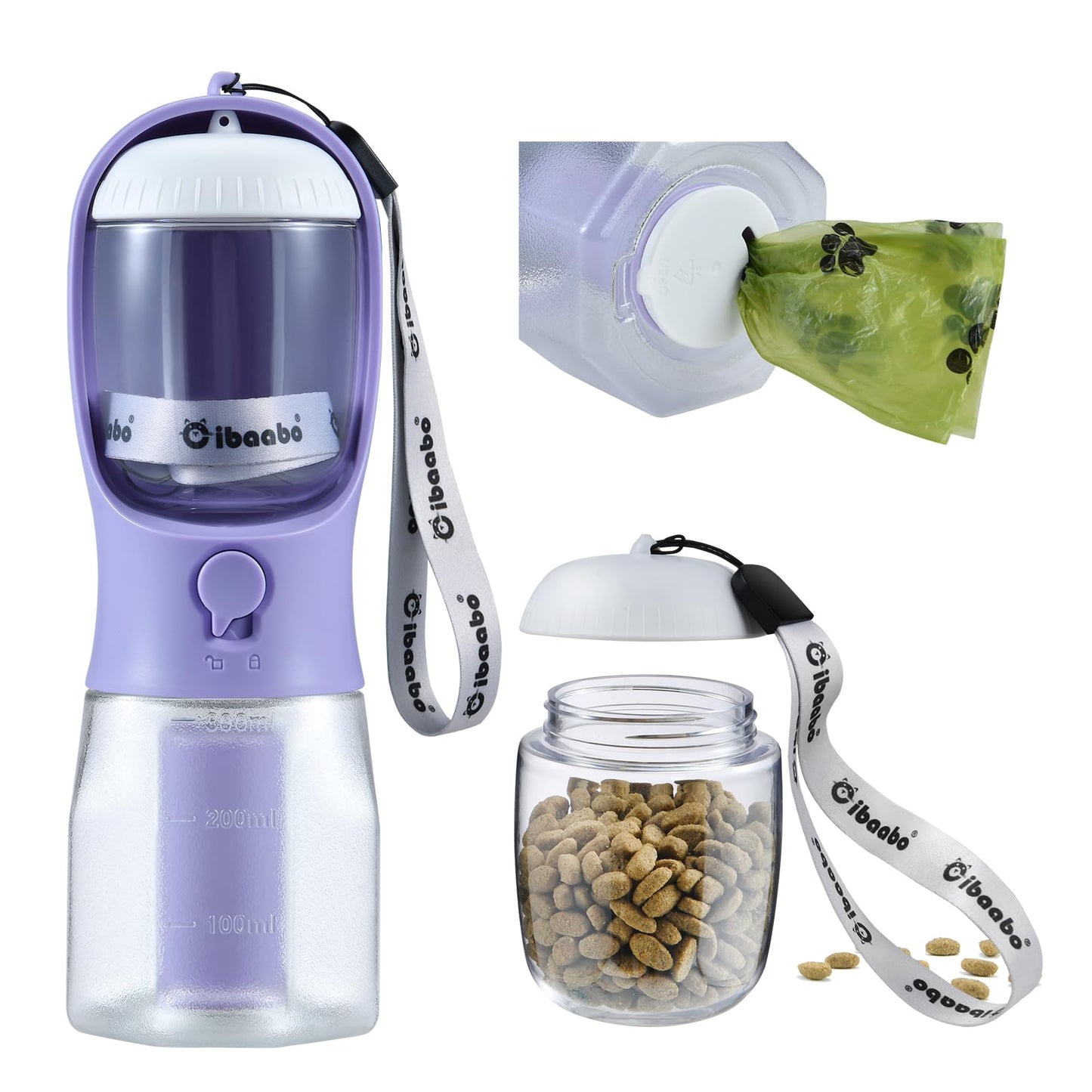 Dog Water Bottle with Food Container & Poop Bag Holder, Travel Water Bowl, Portable Pet Dispenser, Dog Stuff Accessories Items, Puppy Essentials Necessities for Yorkie Chihuahua Walking Hiking