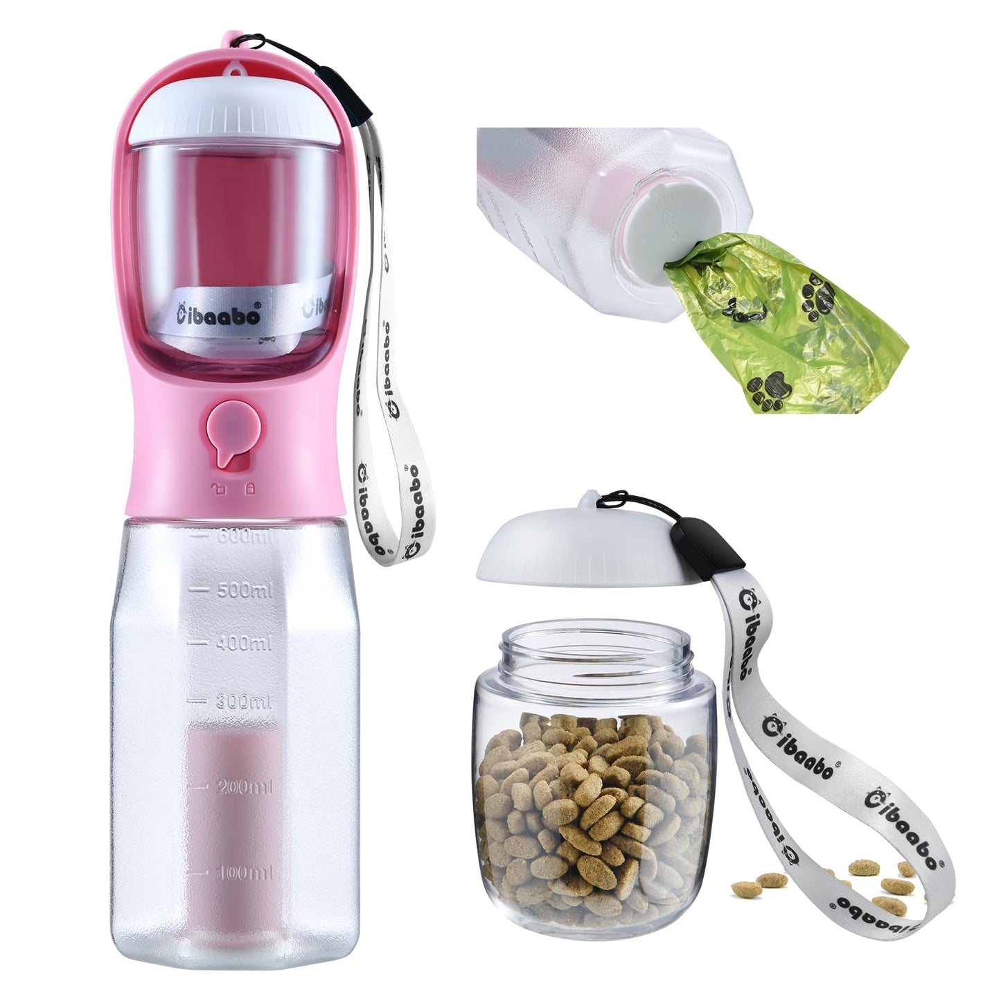 Dog Water Bottle with Food Container & Poop Bag Holder, Travel Water Bowl, Portable Pet Dispenser, Dog Stuff Accessories Items, Puppy Essentials Necessities for Yorkie Chihuahua Walking Hiking
