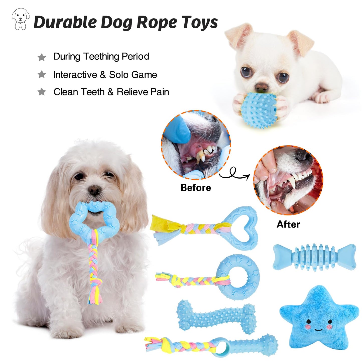 20Pcs Puppy Chew Toys for Teething, Dog Chew Toys with Rope Toys, Pet Dog Toothbrush, Treat Balls, Dog Plush Toys and Squeaky Toys for Small Medium Dogs, Cute Dog Toy with Basket