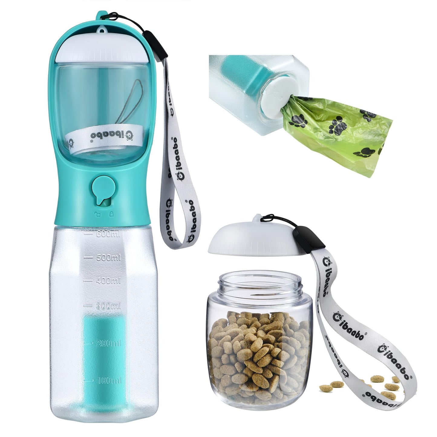 Dog Water Bottle with Food Container & Poop Bag Holder, Travel Water Bowl, Portable Pet Dispenser, Dog Stuff Accessories Items, Puppy Essentials Necessities for Yorkie Chihuahua Walking Hiking