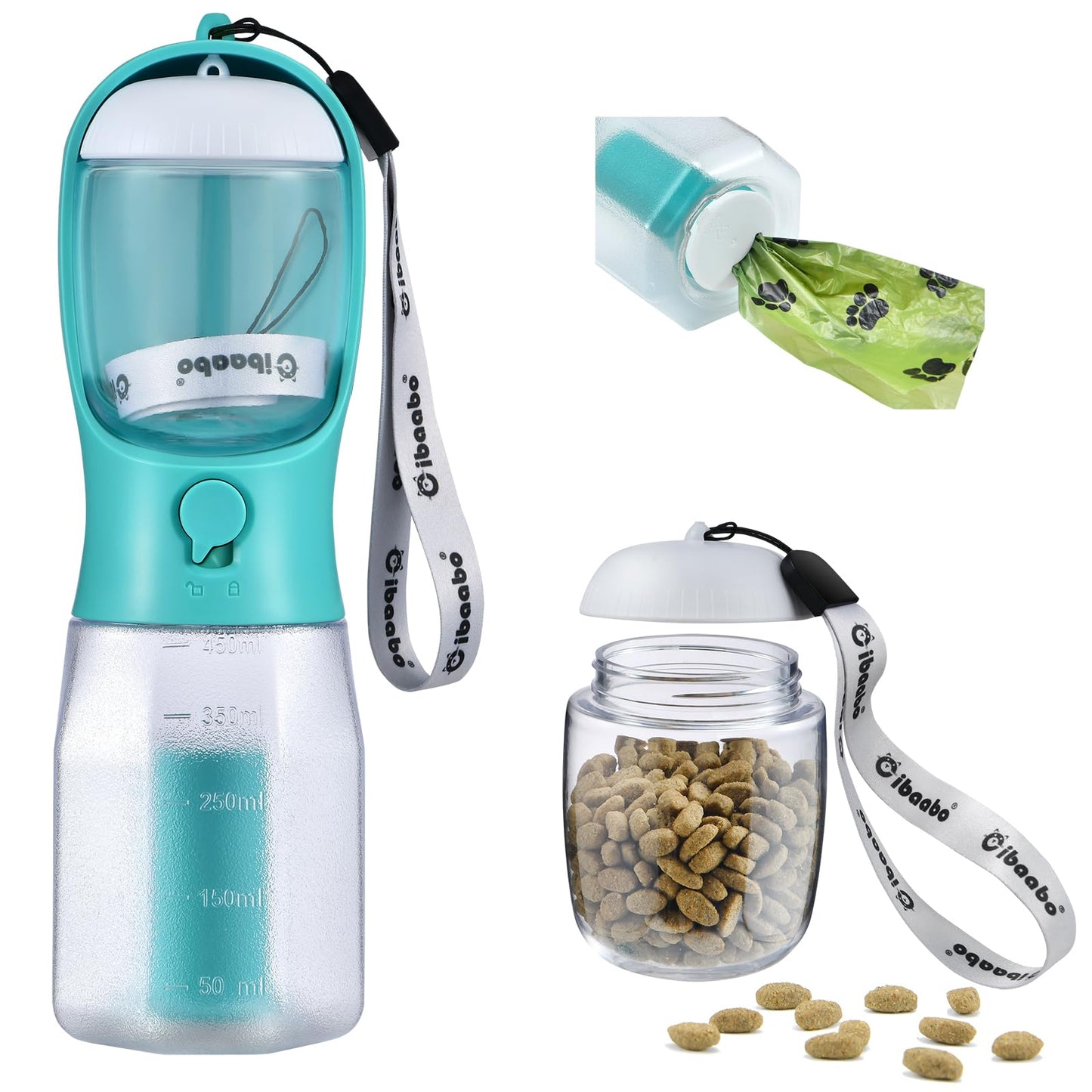 Dog Water Bottle with Food Container & Poop Bag Holder, Travel Water Bowl, Portable Pet Dispenser, Dog Stuff Accessories Items, Puppy Essentials Necessities for Yorkie Chihuahua Walking Hiking