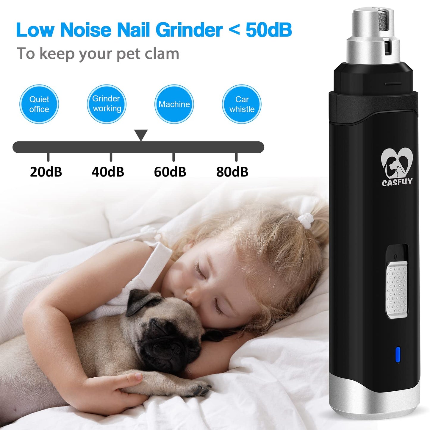 Casfuy Dog Nail Grinder Upgraded - Professional 2-Speed Electric Rechargeable Pet Nail Trimmer Painless Paws Grooming & Smoothing for Small Medium Large Dogs & Cats (Dark Blue)