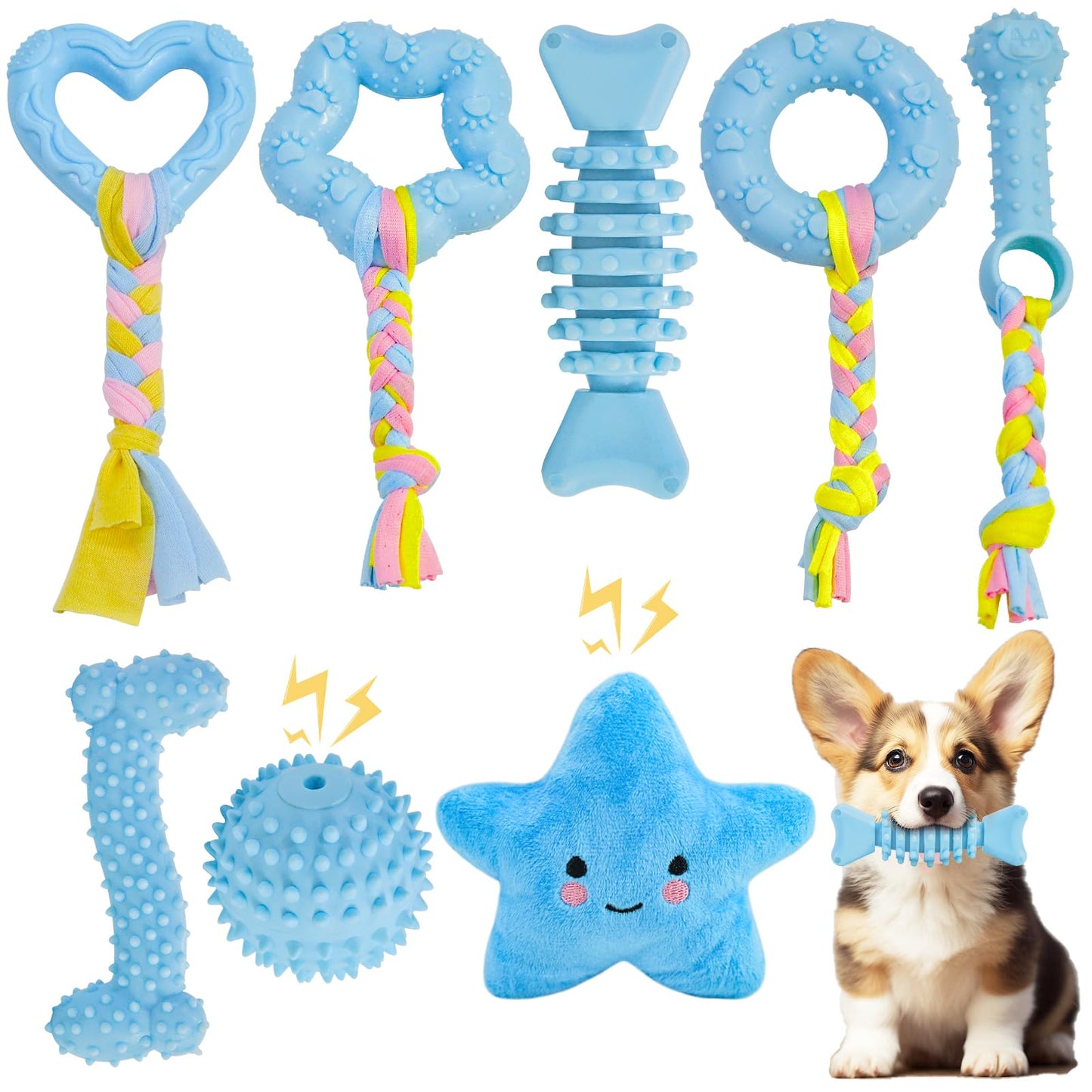 20Pcs Puppy Chew Toys for Teething, Dog Chew Toys with Rope Toys, Pet Dog Toothbrush, Treat Balls, Dog Plush Toys and Squeaky Toys for Small Medium Dogs, Cute Dog Toy with Basket