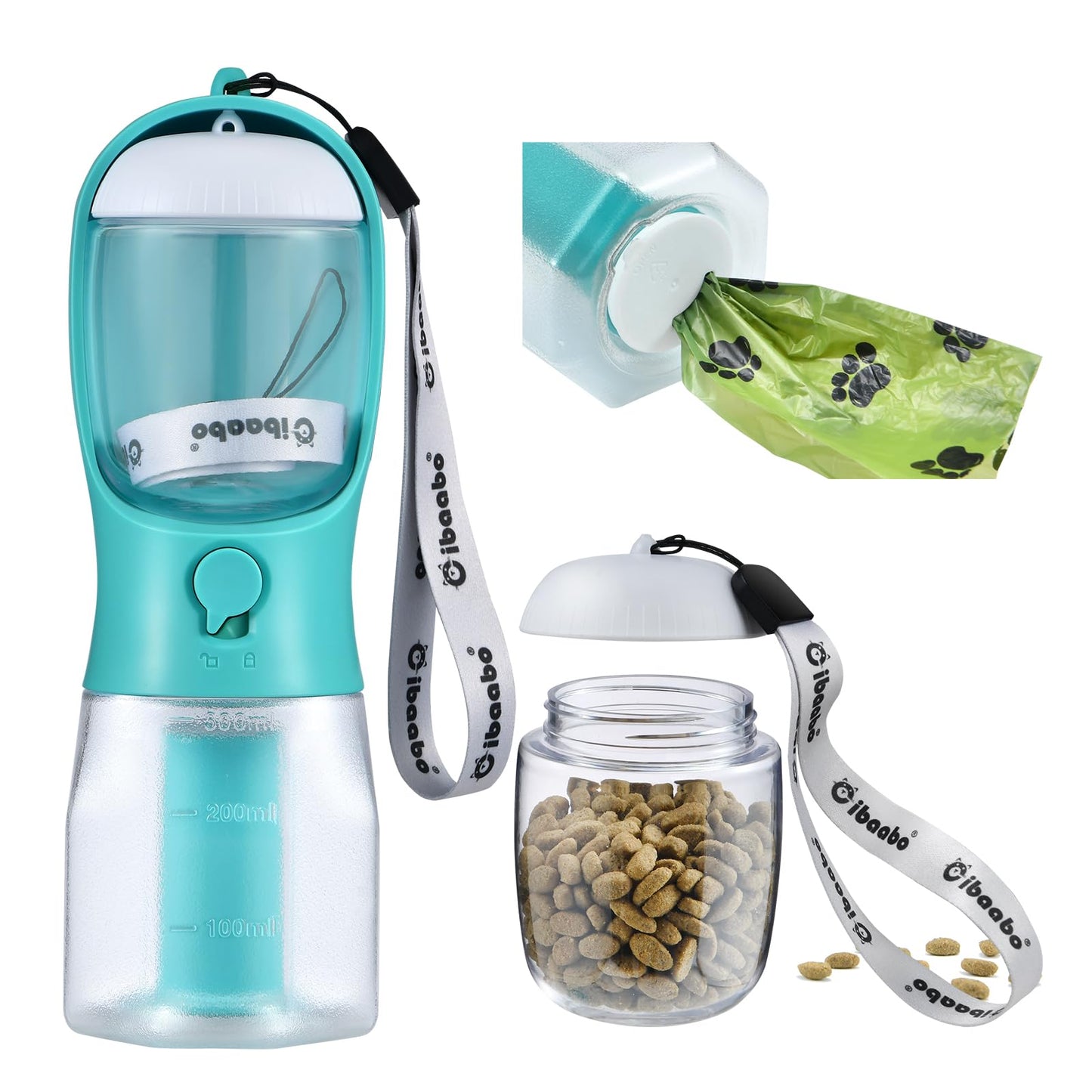 Dog Water Bottle with Food Container & Poop Bag Holder, Travel Water Bowl, Portable Pet Dispenser, Dog Stuff Accessories Items, Puppy Essentials Necessities for Yorkie Chihuahua Walking Hiking
