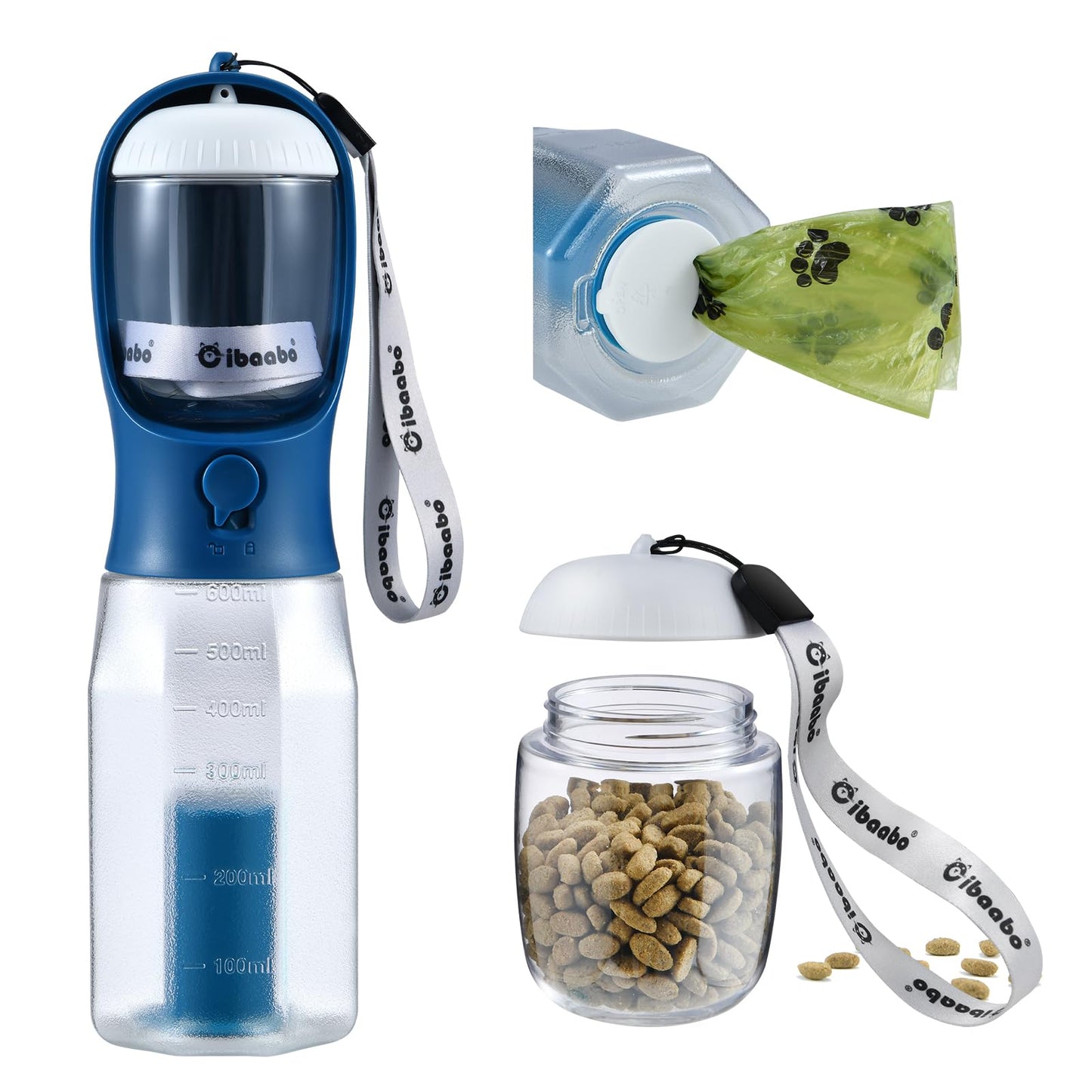 Dog Water Bottle with Food Container & Poop Bag Holder, Travel Water Bowl, Portable Pet Dispenser, Dog Stuff Accessories Items, Puppy Essentials Necessities for Yorkie Chihuahua Walking Hiking