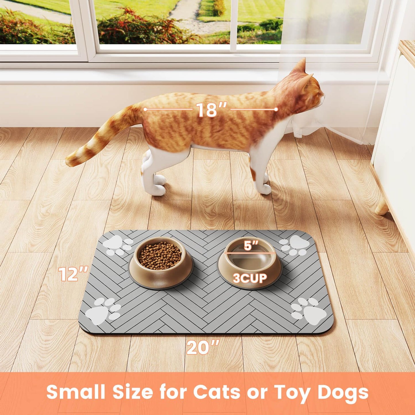 Pet Feeding Mat-Absorbent Pet Placemat for Food and Water Bowl, with Waterproof Rubber Backing, Quick Dry Water Dispenser Mat for Dog and Cat (12"x20", Striped Dark Gray)